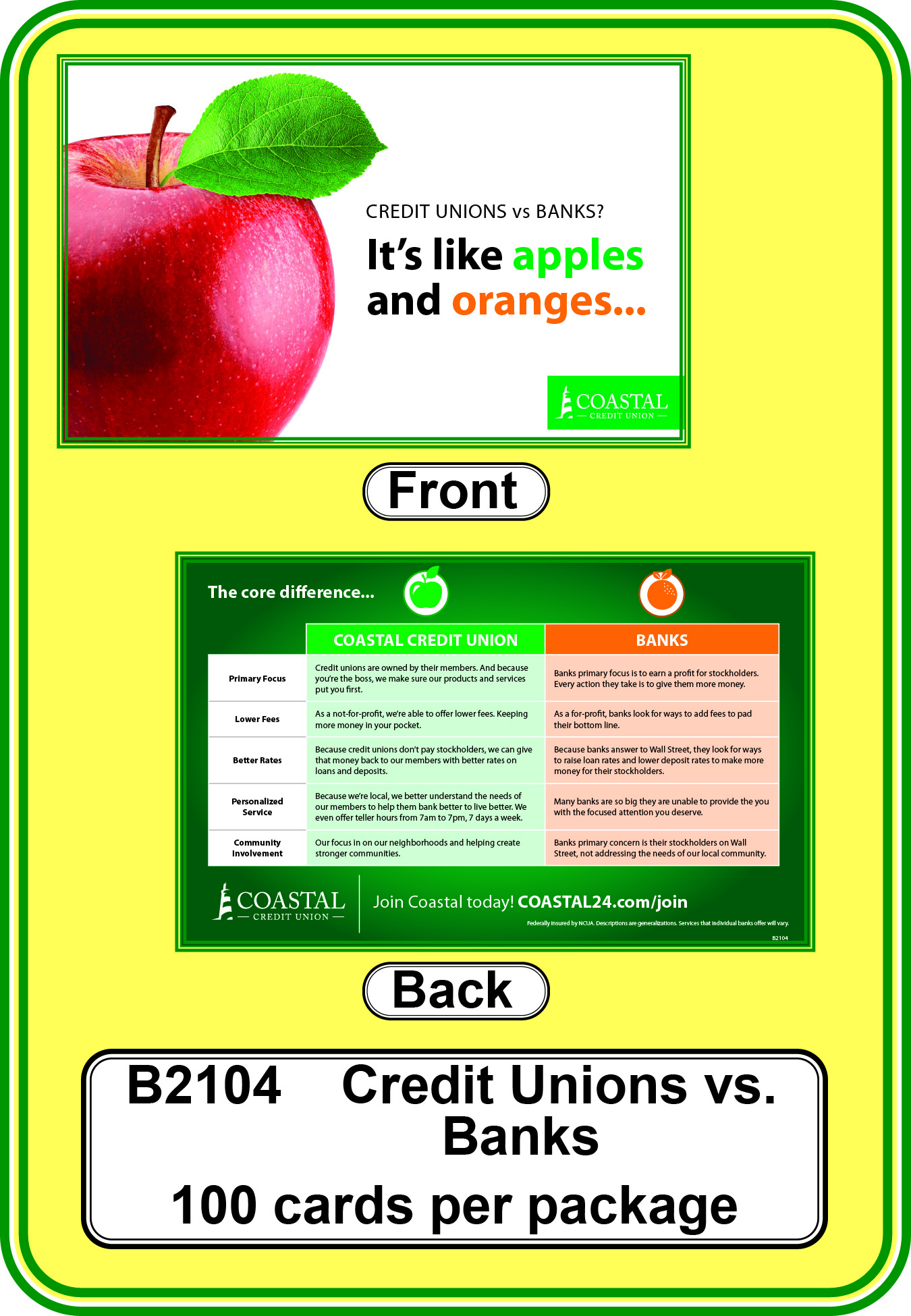 CREDIT UNIONS vs BANKS CARD**<B>Order By: Package of 100 cards